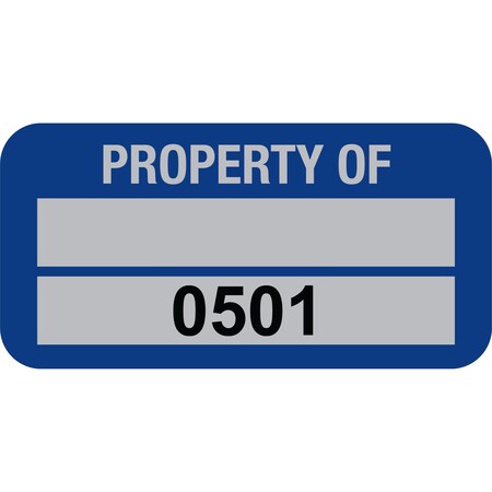 Lustre-Cal PROPERTY OF Label, 5 Alum Dark Blue 1.50in x 0.75in 1 Blank Pad & Serialized 0501-0600, 100PK 253769Ma2Bd0501
